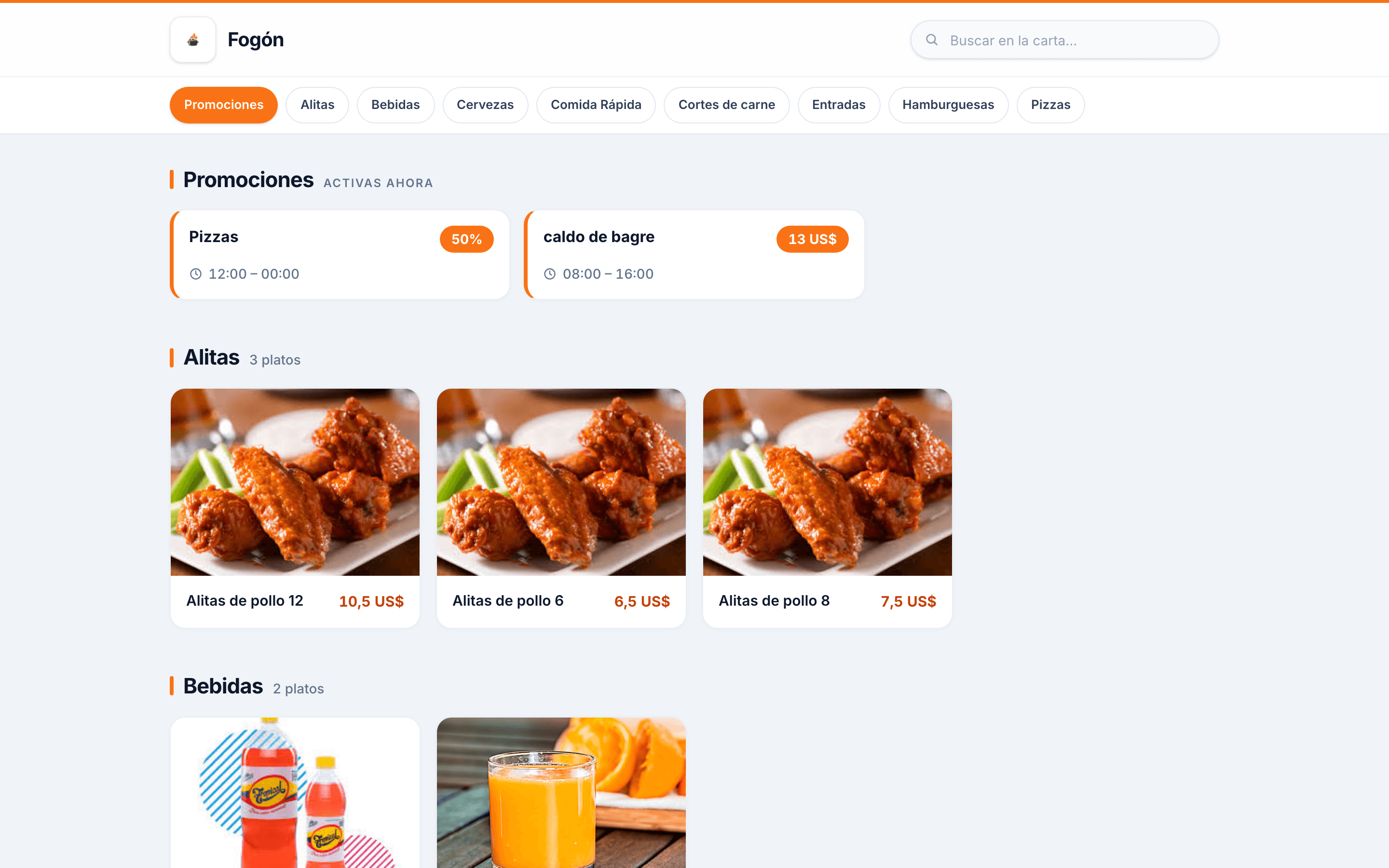Carta digital pública de un restaurante en Fogón Res con su cabecera y sus platos